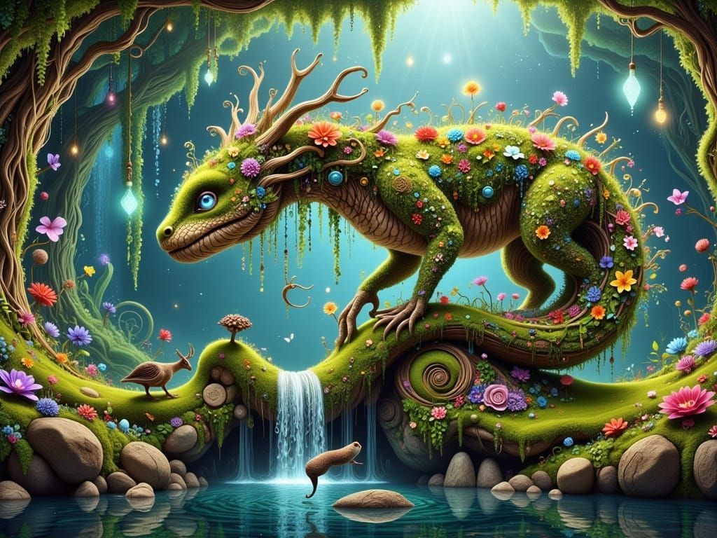 Mystical Dragon Gazes at a Slender Frog in an Enchanted Pond...