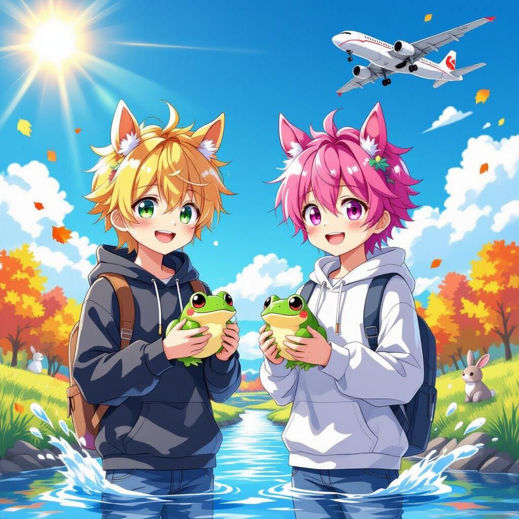 Anime Boys with Horse Ears Holding Frogs in Windy Sky
