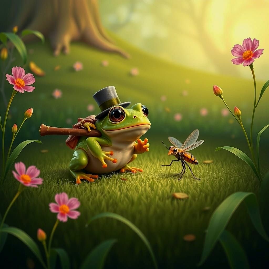 Frog Befriends Gnat in Whimsical 3D Illustration