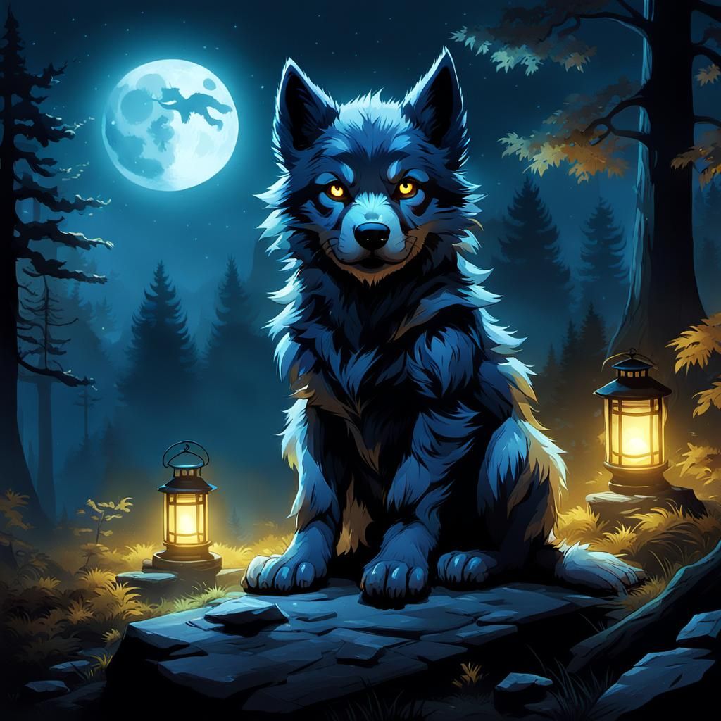 Werewolf Puppy Gazing at the Moon: Digital Art