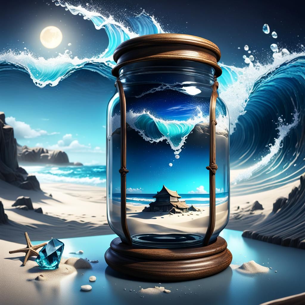 Beach Scene in Glass Jar: Detailed Matte Painting