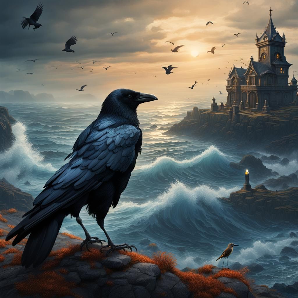 Crow Gazing at Sea: Detailed Matte Painting