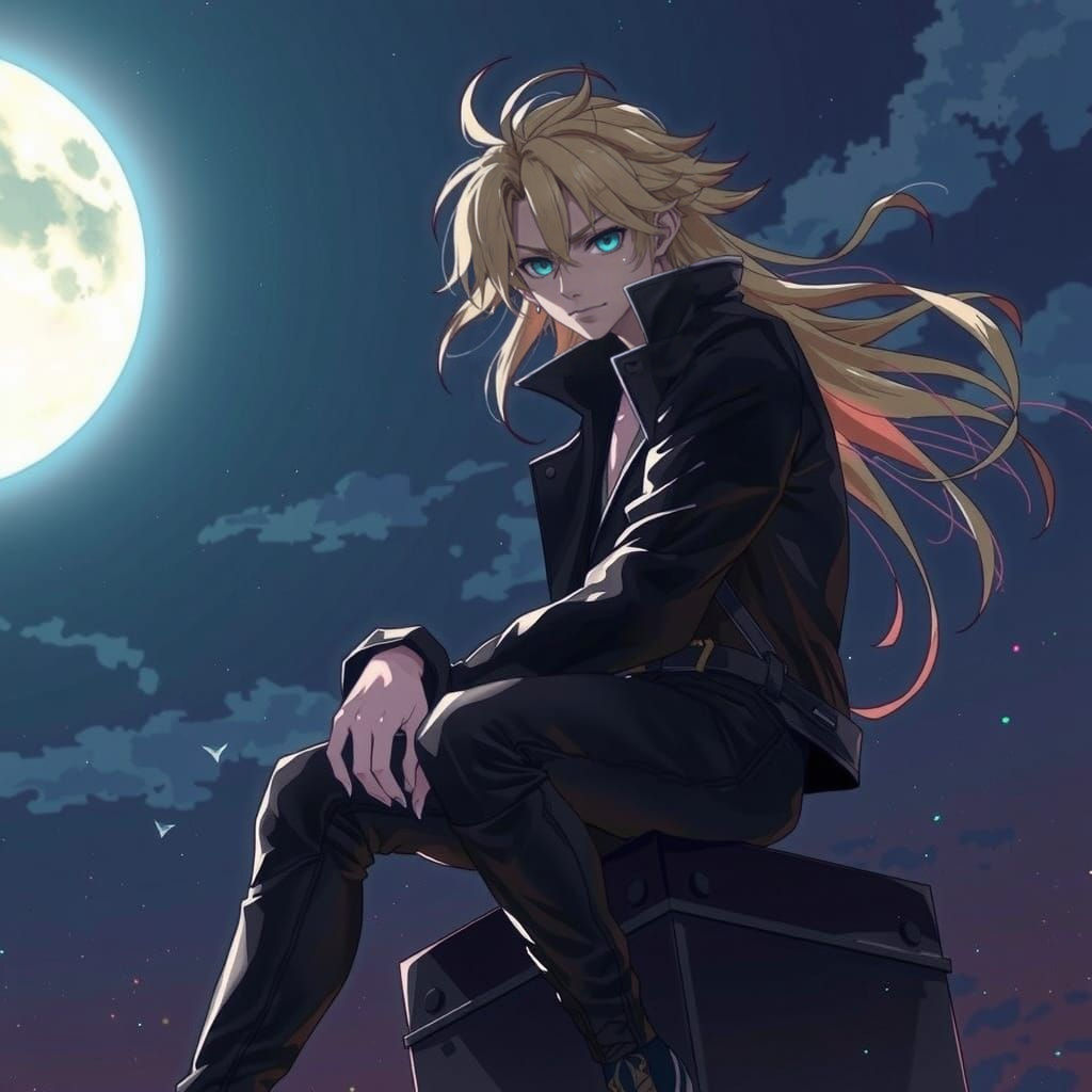Dark Anime Vampire Perched on Rooftop at Midnight