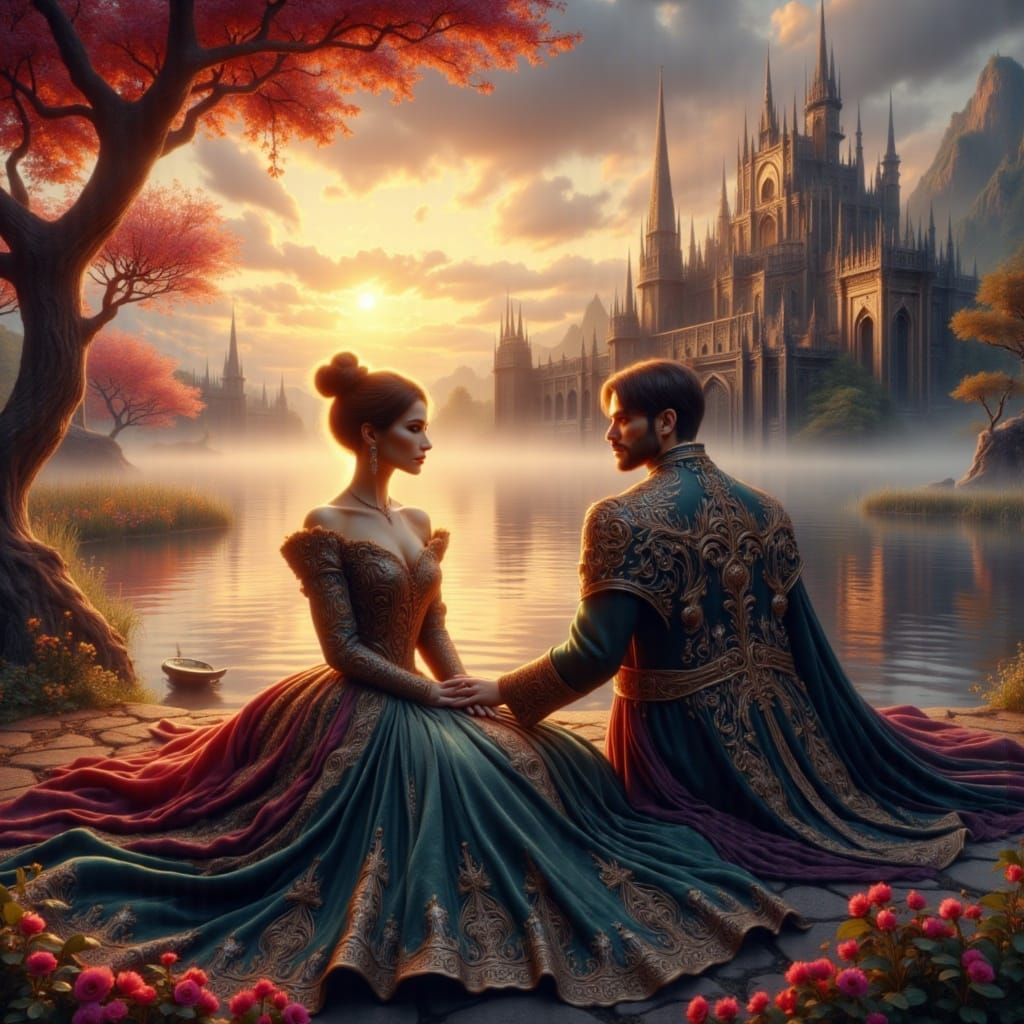 <lora:Building Magic:1.0> Epic Fantasy Illustration.  The image is of a beautiful European princess sitting with a Europ...