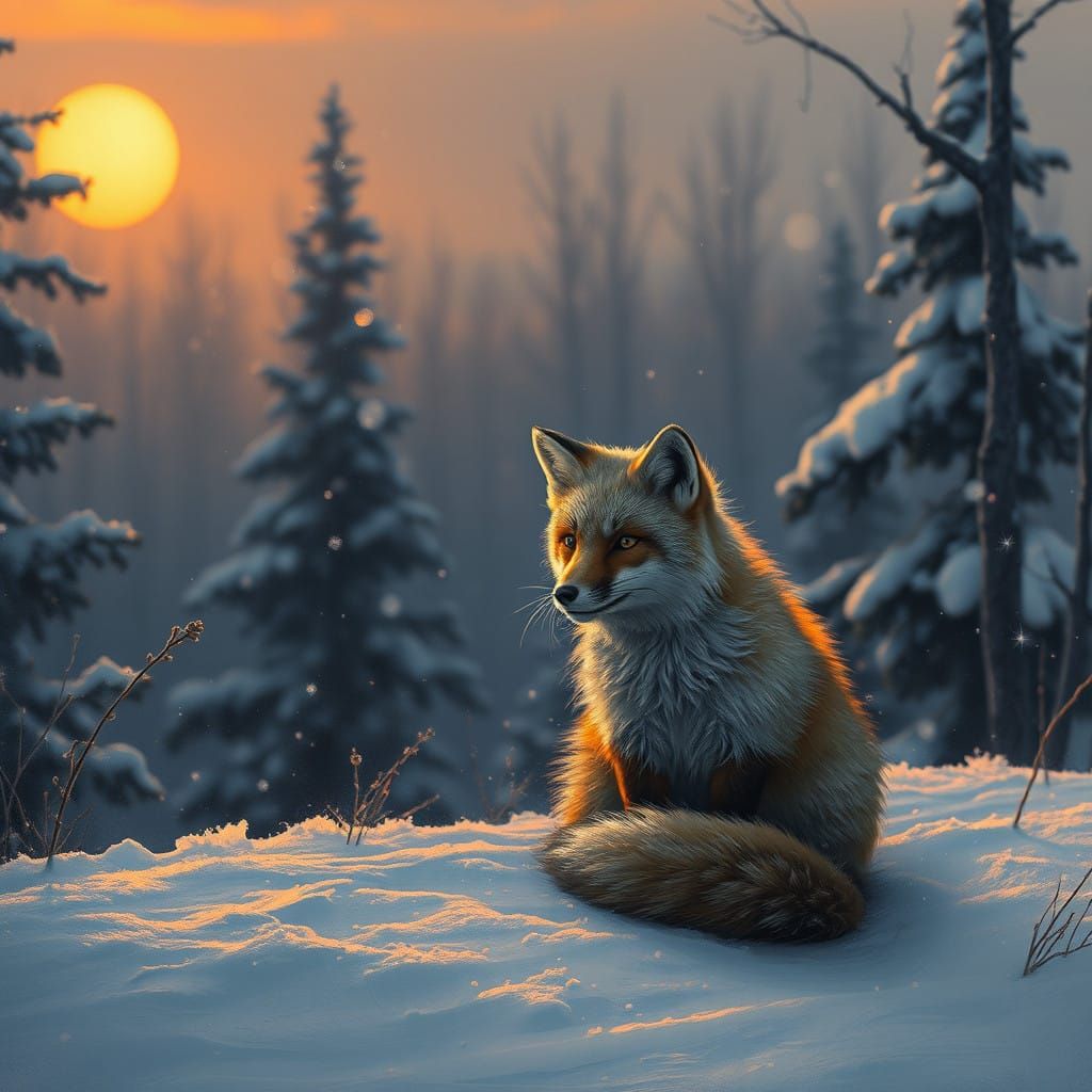 Ethereal Arctic Fox Amidst Snowy Trees in Dazzling Matt Pain...