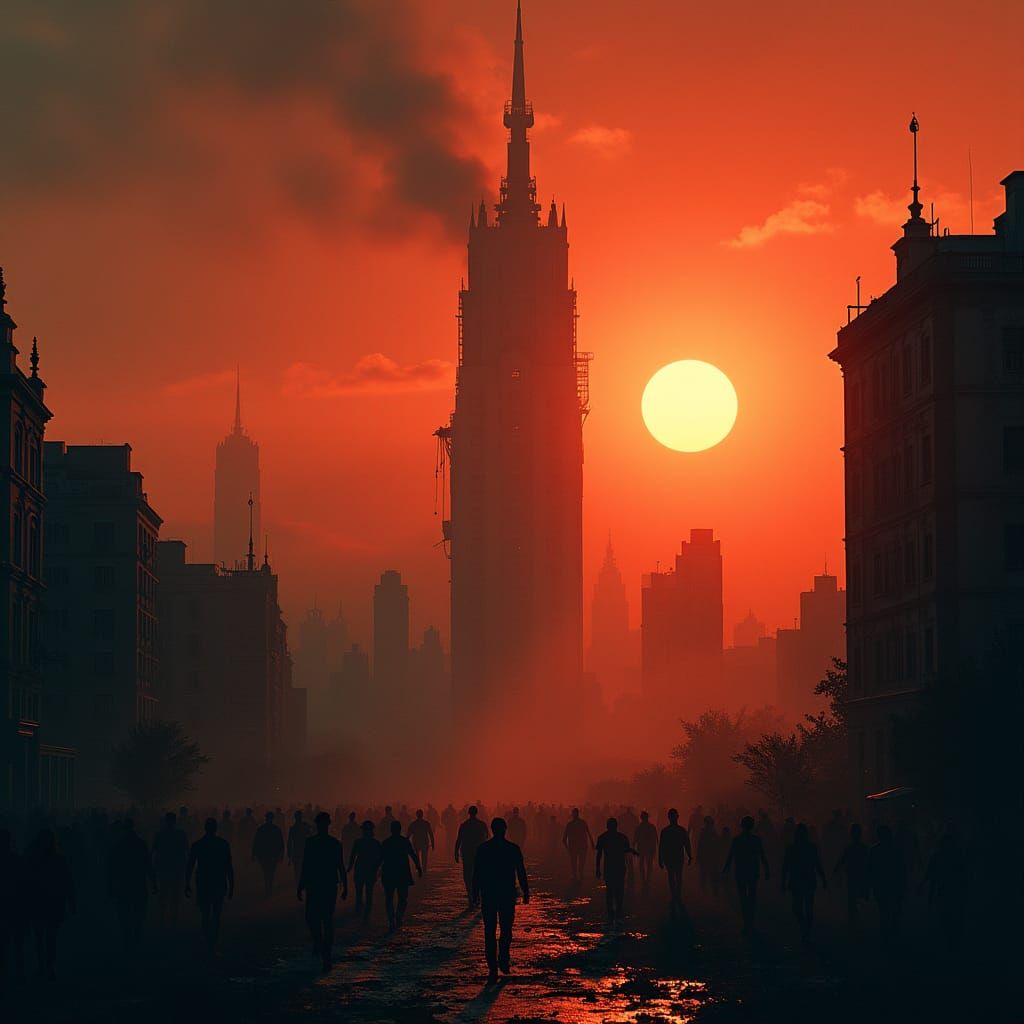 Apocalyptic Cityscape: Skyscraper Under Zombie Siege