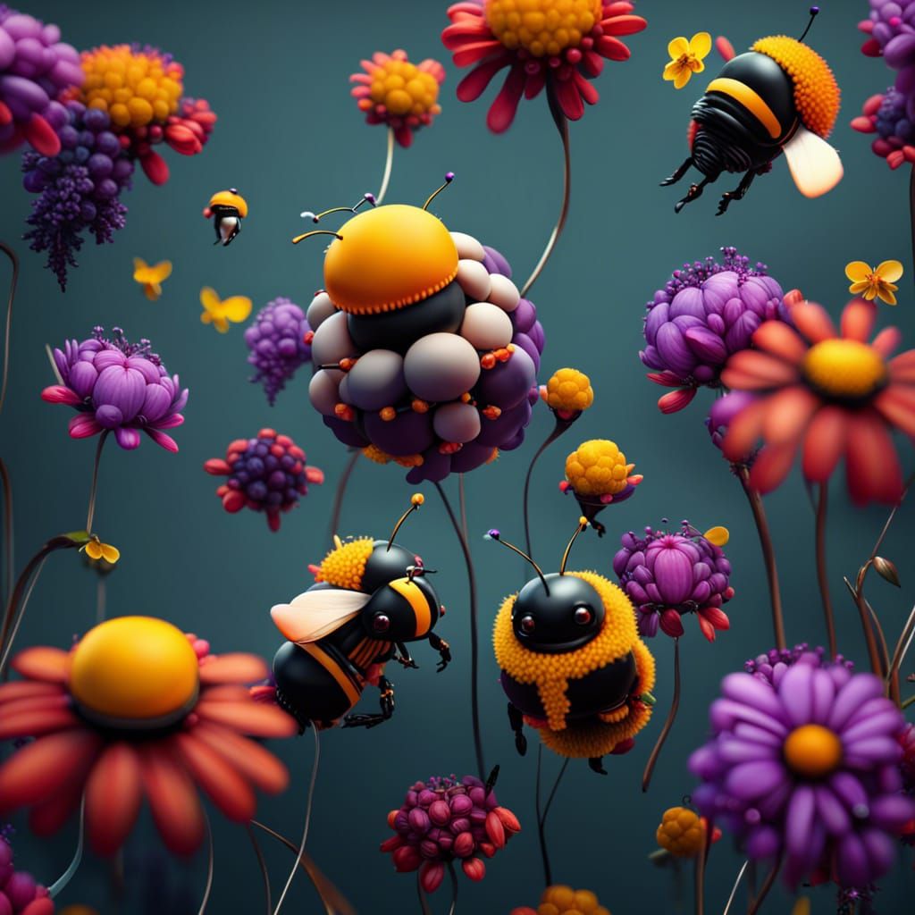Balloon Bumblebees on Flowers: Fantasy Concept Art