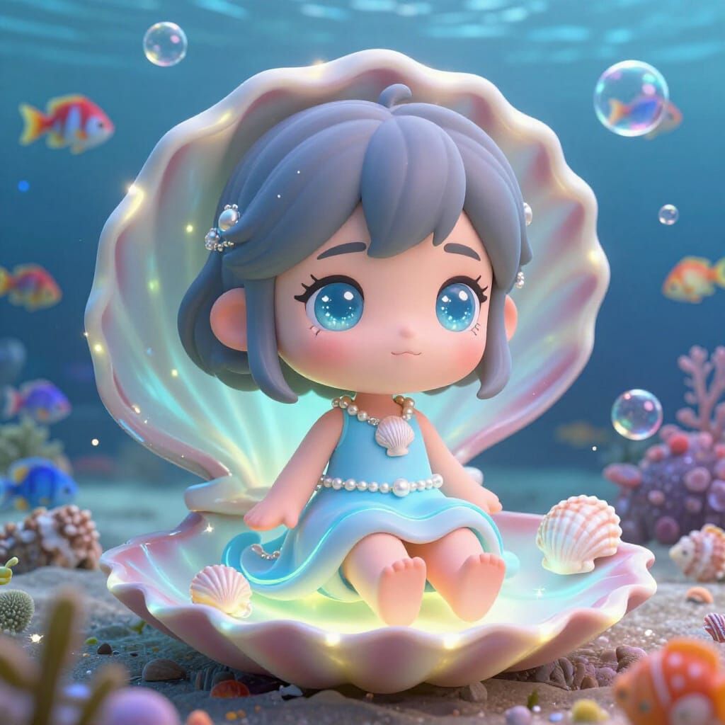Kawaii Chibi Girl on Seashell in Pixar Style