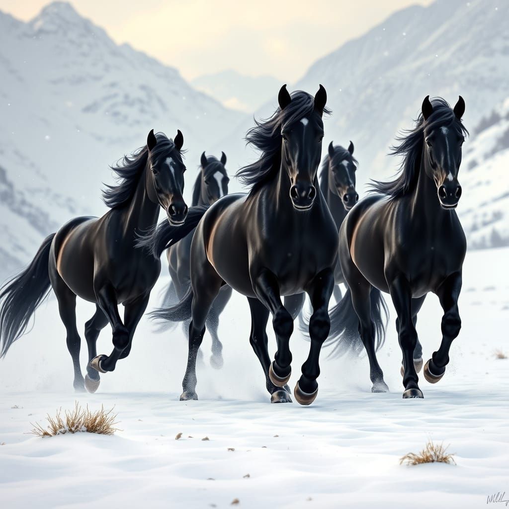 Majestic Black Horses Gallop in the Snowy Mountains