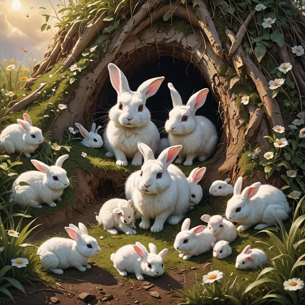 White Rabbit Family in Hole, Fantastical Matte Painting