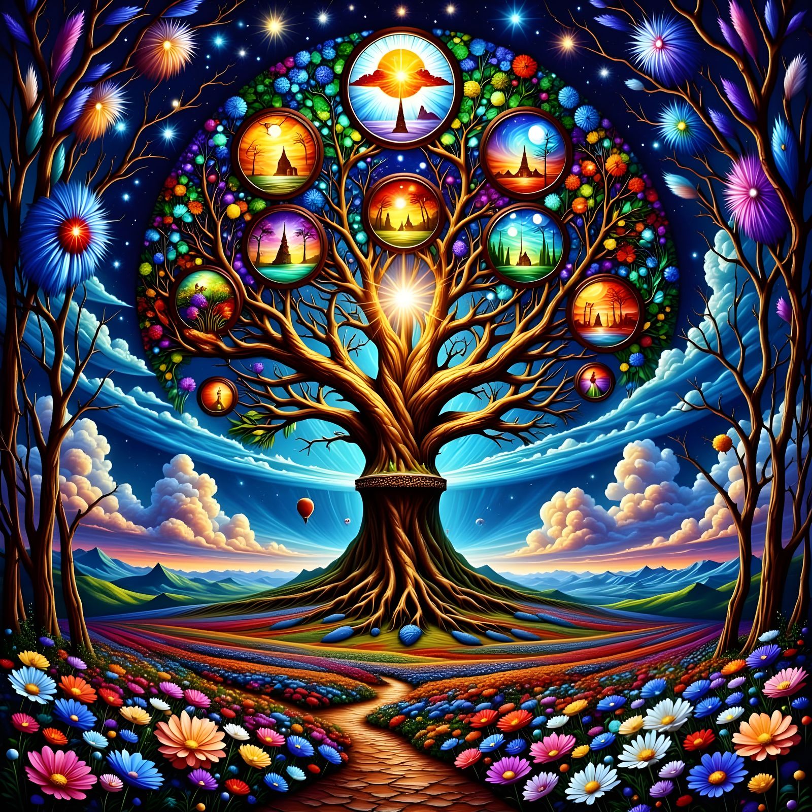 Stained Glass Forest with Mystical Tree