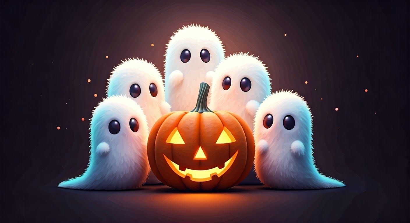 Cute Ghosts and Jack-o-Lantern in Eerie Pastel Art