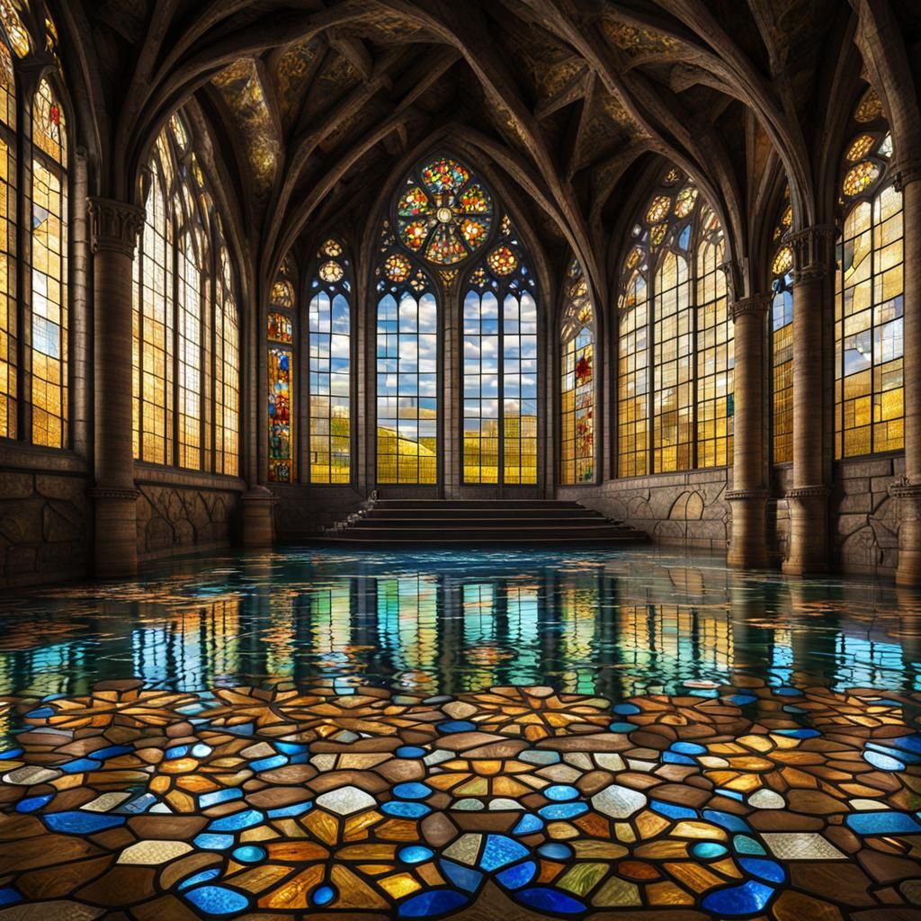 Medieval Castle Interior with Stained Glass