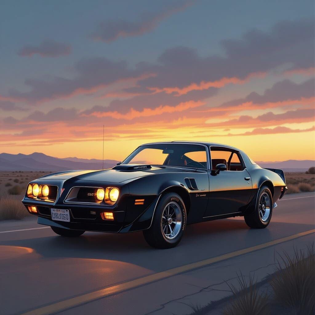 Black Pontiac Firebird at Dusk in Hyperrealism