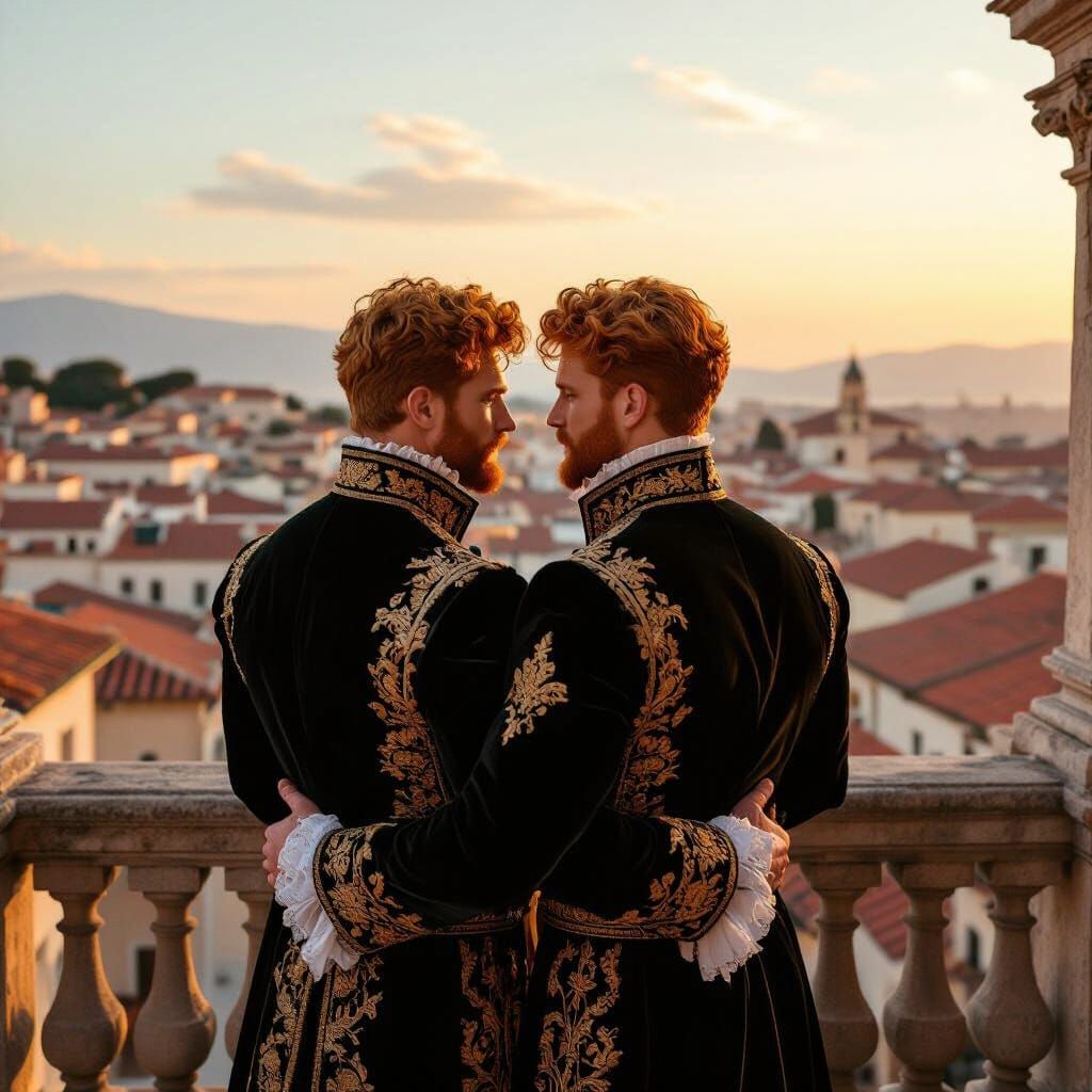 Baroque Men Embrace on Sicilian Balcony at Sunset