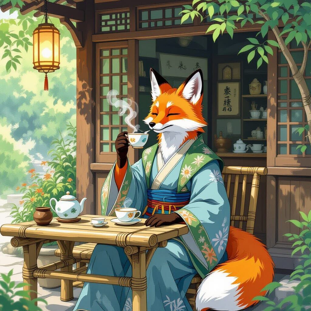 Fox Druid Sips Tea in Ghibli-Wuxia Style