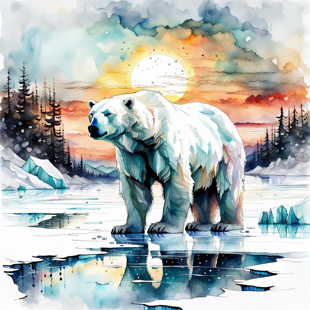 Polar Bear on Ice: Digital Watercolor Illustration