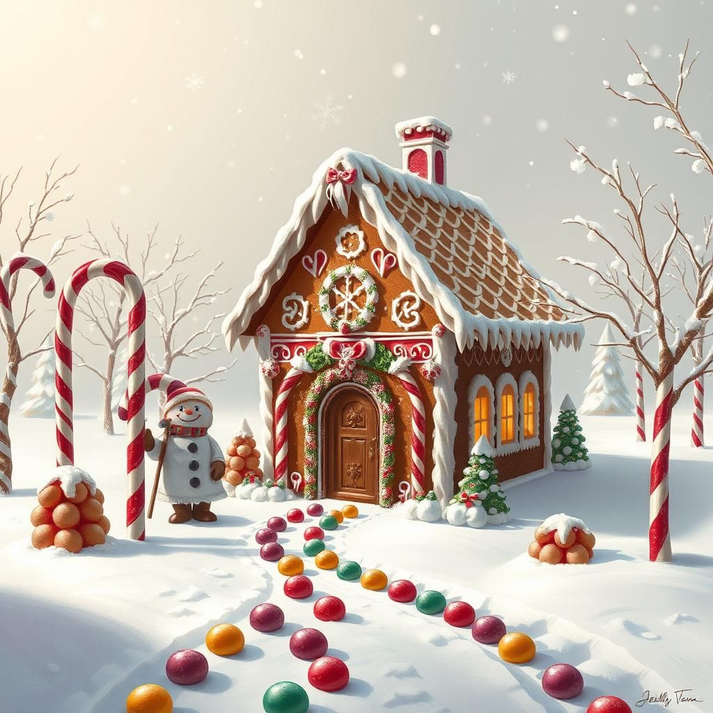 Gingerbread House in Winter Wonderland, Whimsical Art