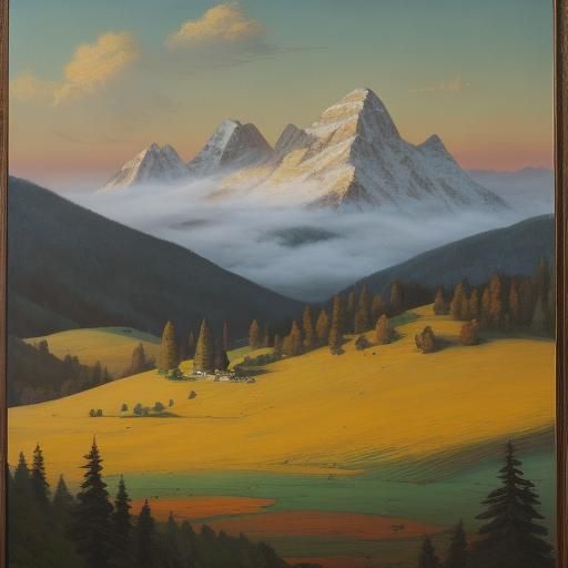 Majestic Alpine Landscape in Romanticized Oil Painting Style