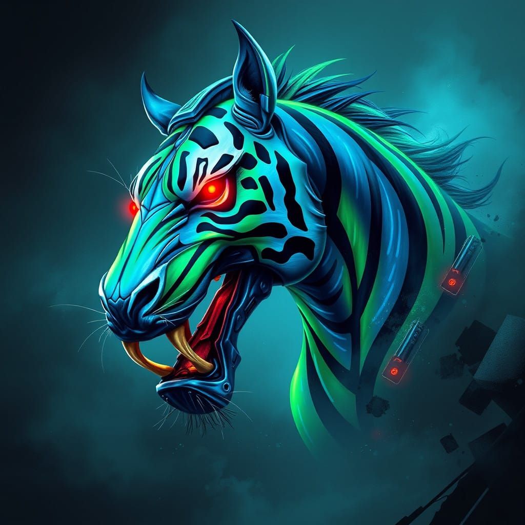 Cyberpunk Tiger-Horse Hybrid in Neon Stripes