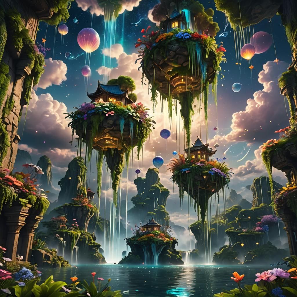 Enchanting Floating Gardens with Cascading Waterfalls