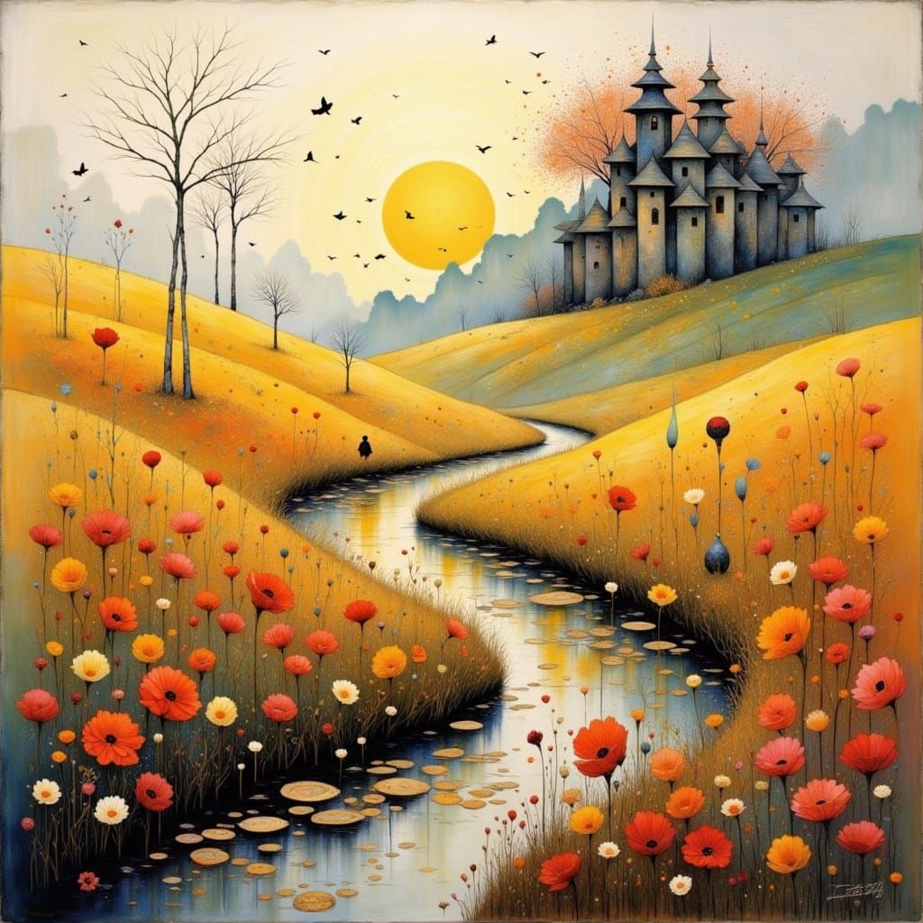 Richard Burlet, Mila Marquis, Luis Royo, Anna Silivonchik, Pino Daeni, characterful otherworldly spring meadow with a me...