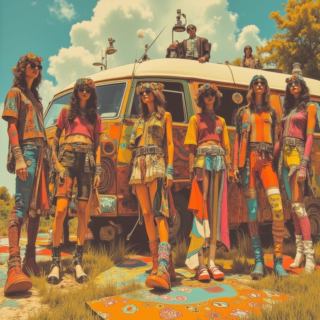 Vibrant Hippie Gathering in a Sun-Kissed Meadow