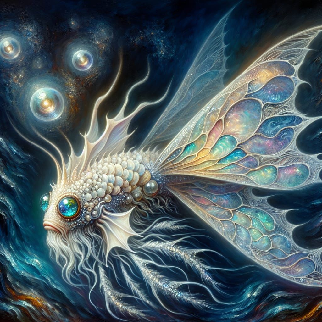Ethereal Fish-Insect Hybrid in Oil Painting