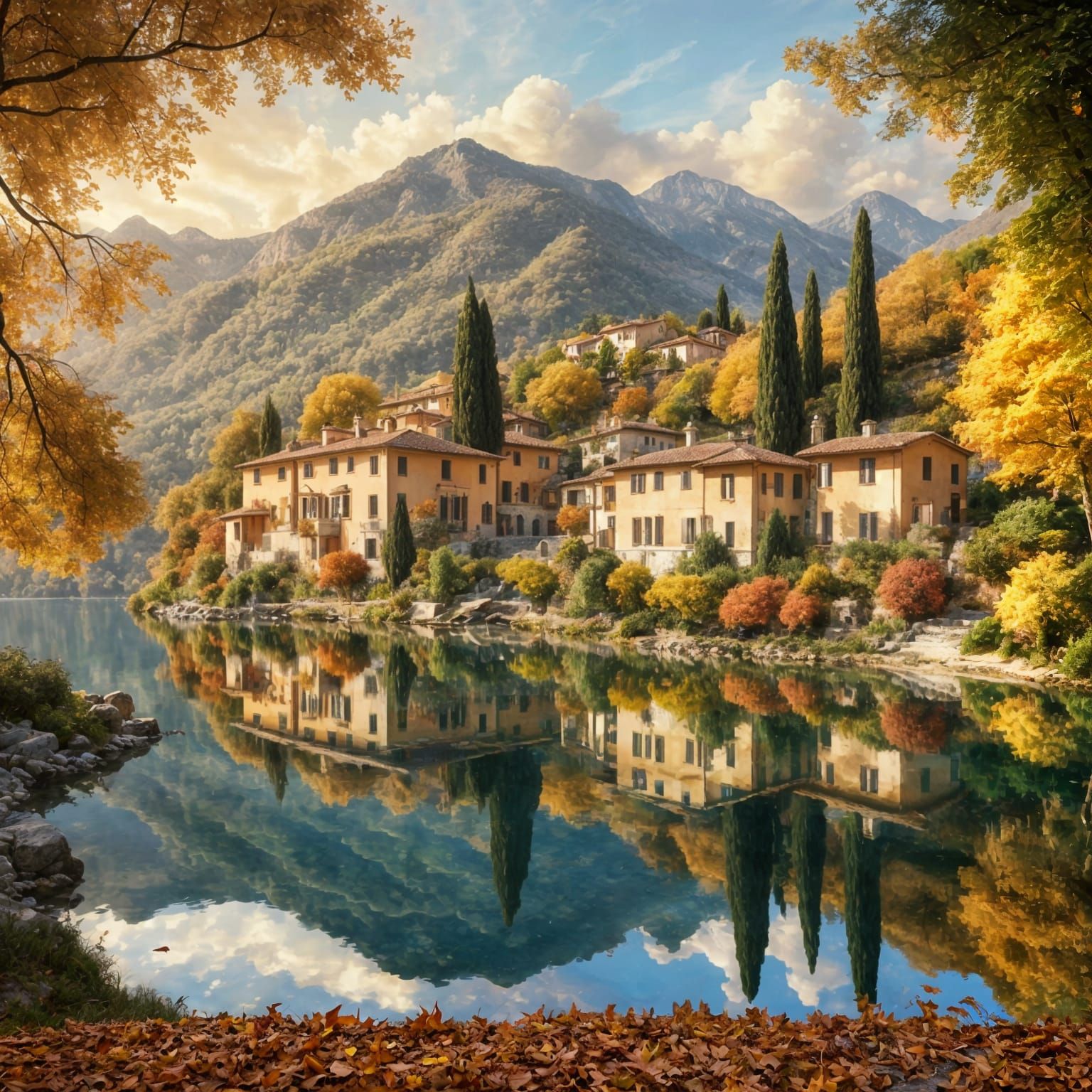 Autumnal Italian Landscape with Mountain Lake Reflections