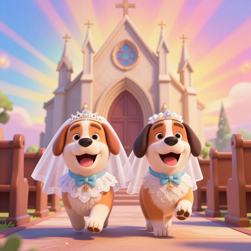 Joyful Dogs Emerge from Church After Wedding, Pixar Style