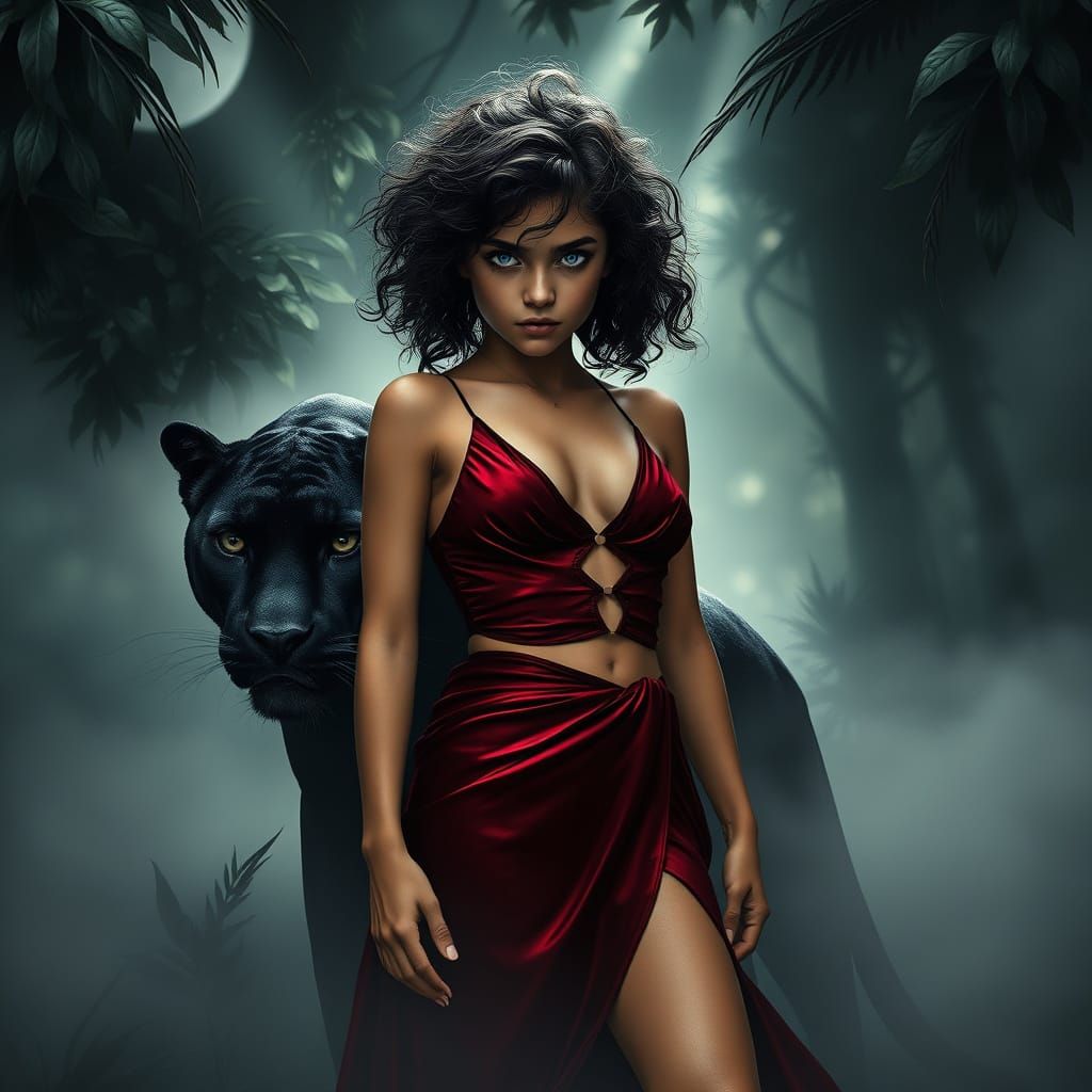 Surreal Fantasy Scene with Wild Girl and Panther in Ethereal...