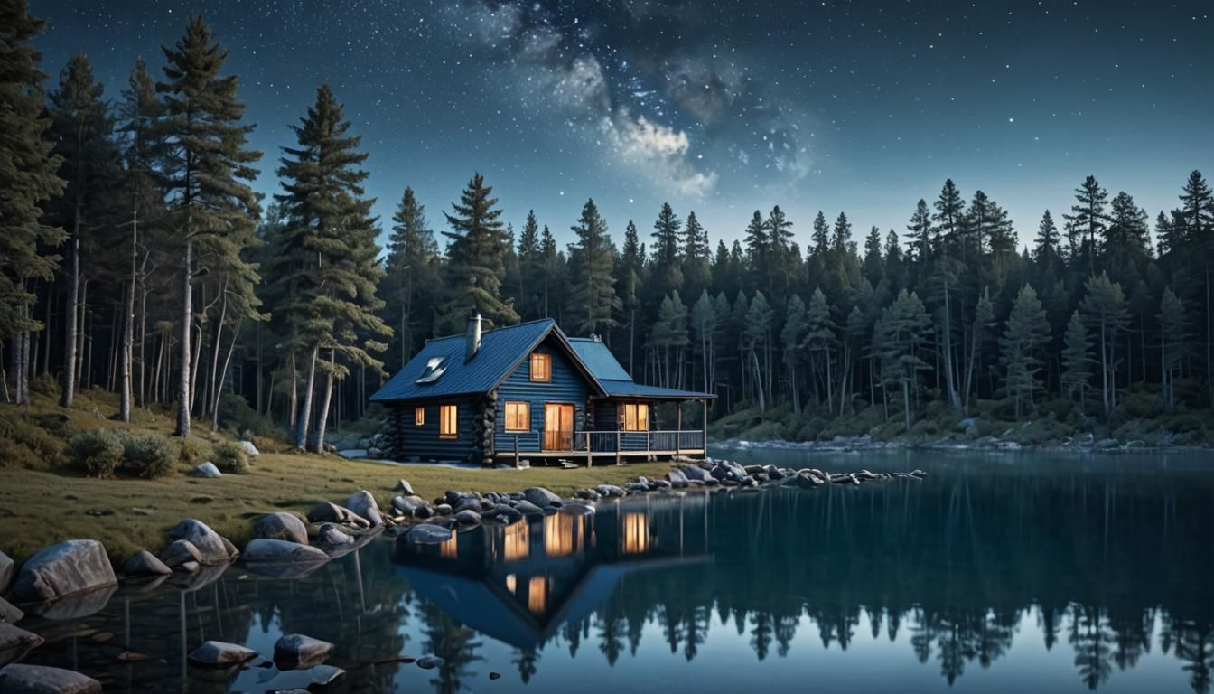 Blue Serene Landscape with Lit Cabin
