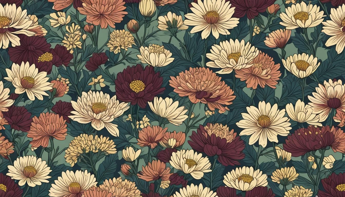 Japanese Flowers in Ukiyo-e Woodblock Print Style