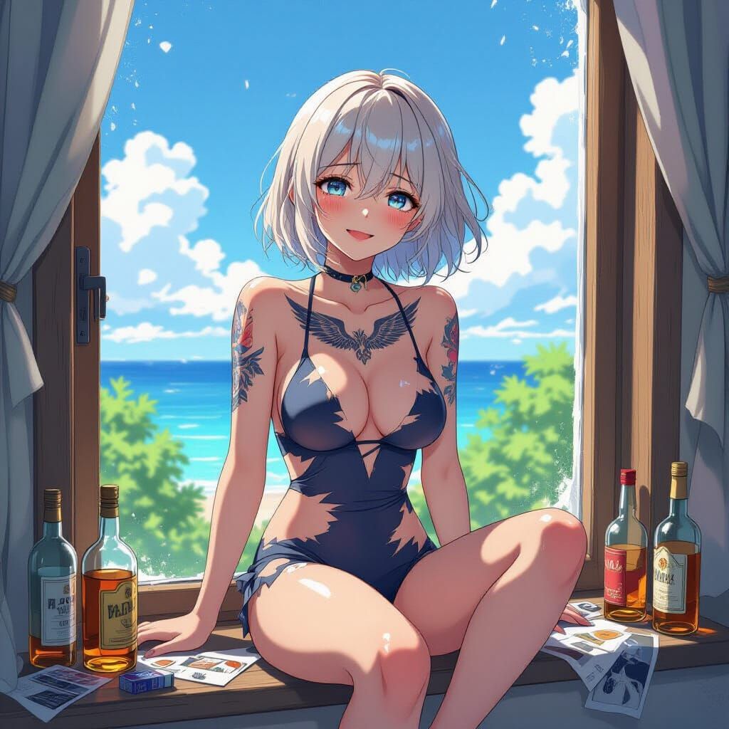 Anime Woman with Wing Tattoo in Studio Trigger Style