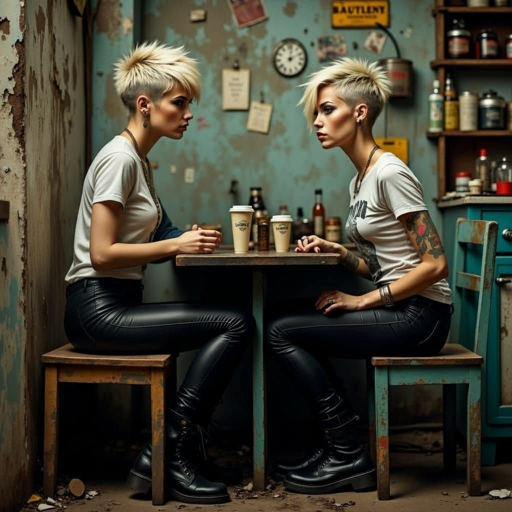 Young Woman in Grimy Kitchen, Trashpunk Style
