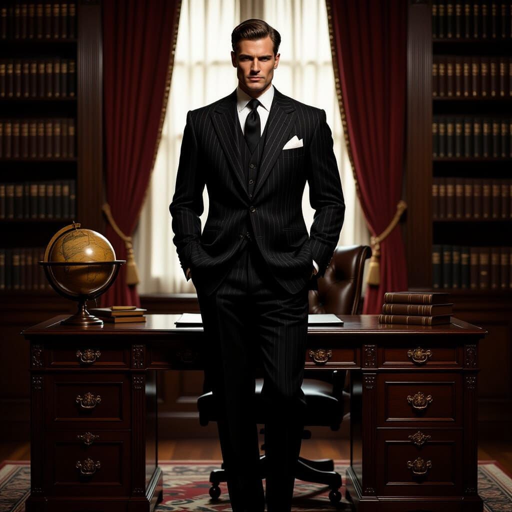 Regal Man in Dim Study, 1950s Noir Style