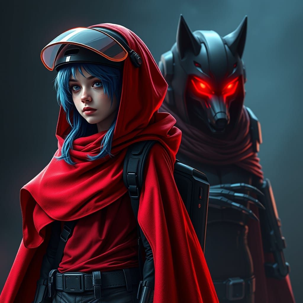 Cyberpunk Red Riding Hood Confronts Wolf Bounty Hunter