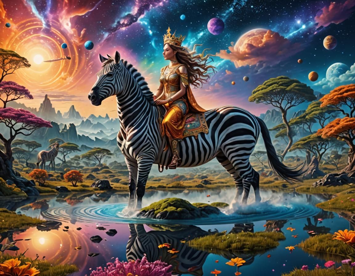 Goddess on Zebra in Surreal Astral Landscape