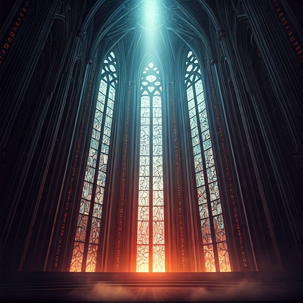 Cyberpunk Sanctuary with Neon Halos and Digital Stained Glas...