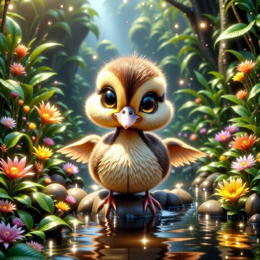 Grumpy Duckling Pouting by Lake in Hyperrealistic Style