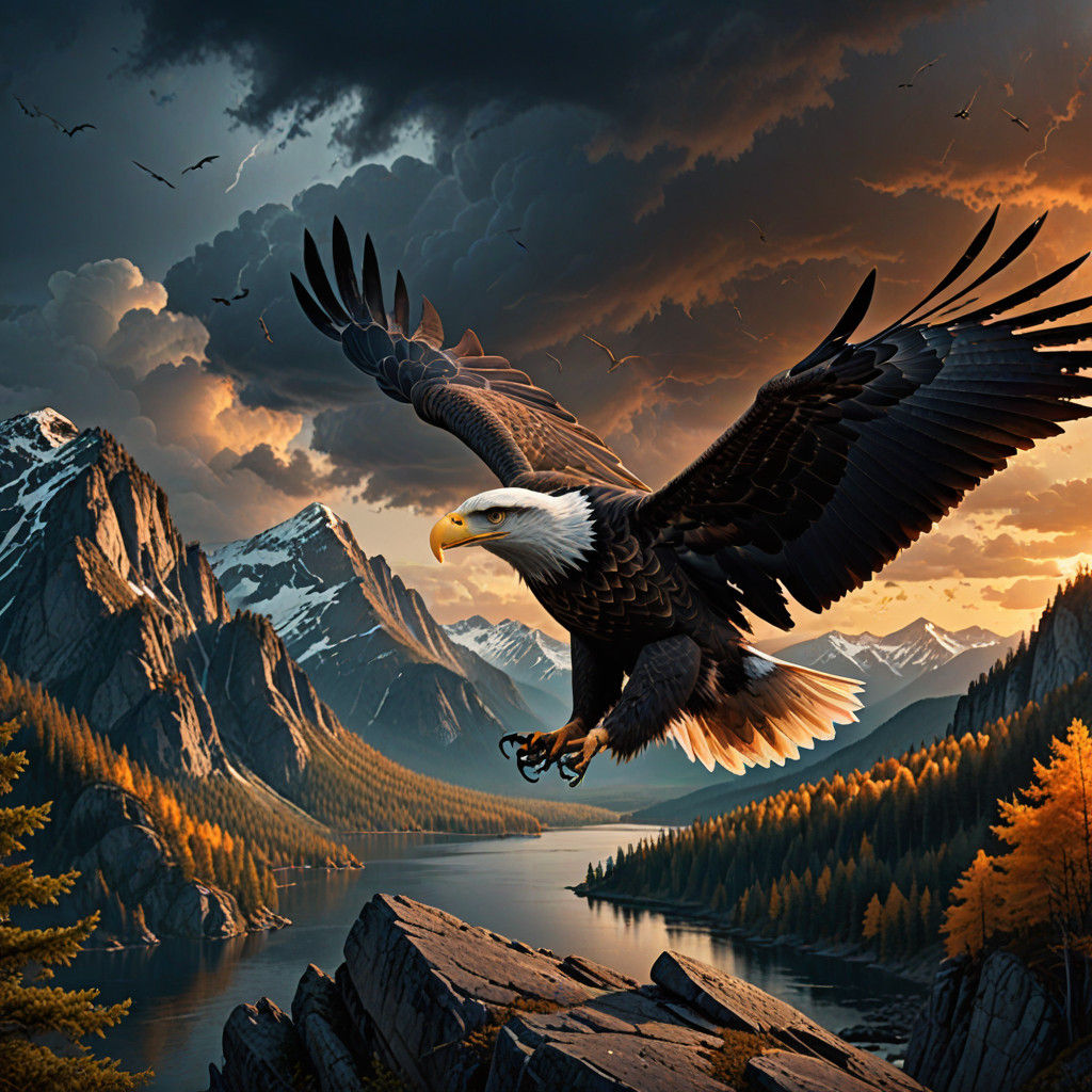 Dramatic Sunset Flight of a Bald Eagle Over Majestic Mountai...