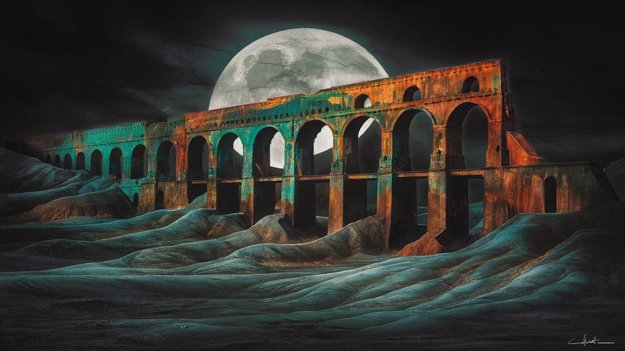 Badlands Aqueduct in Moonlight, Surreal Digital Art