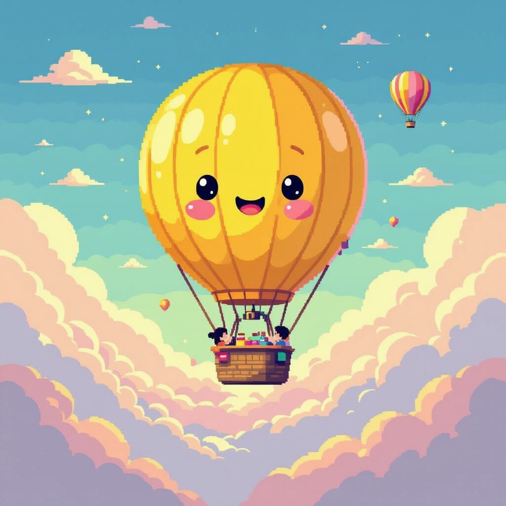 Pixel Art Hot-Air Balloon Picnic in Twilight Sky