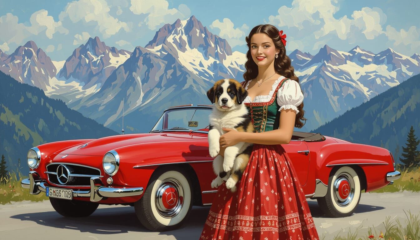 Woman with Puppy and Vintage Mercedes in Alps