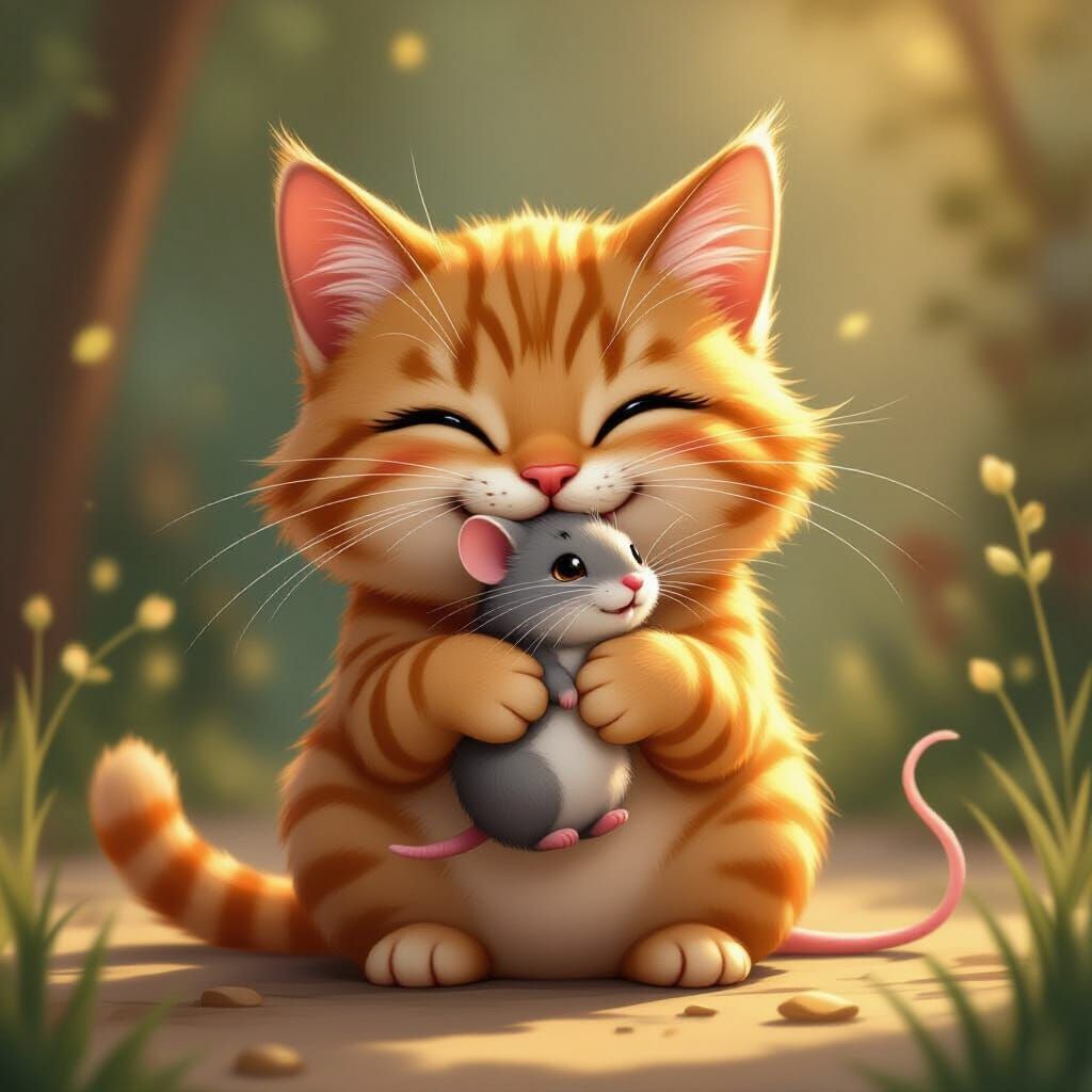 Orange Tabby Cat Smugly Holds Mouse in Storybook Style