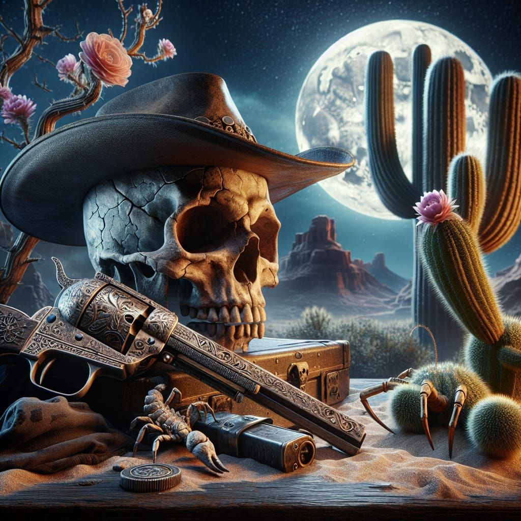 Weathered Skull and Revolver in Desert Night