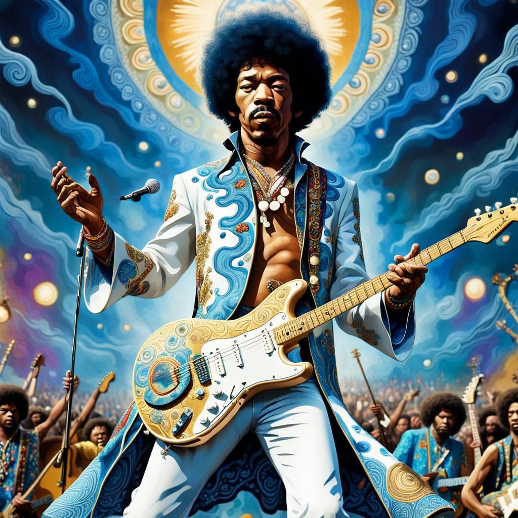 Jimi Hendrix Plays at Woodstock: Psychedelic Concept Art