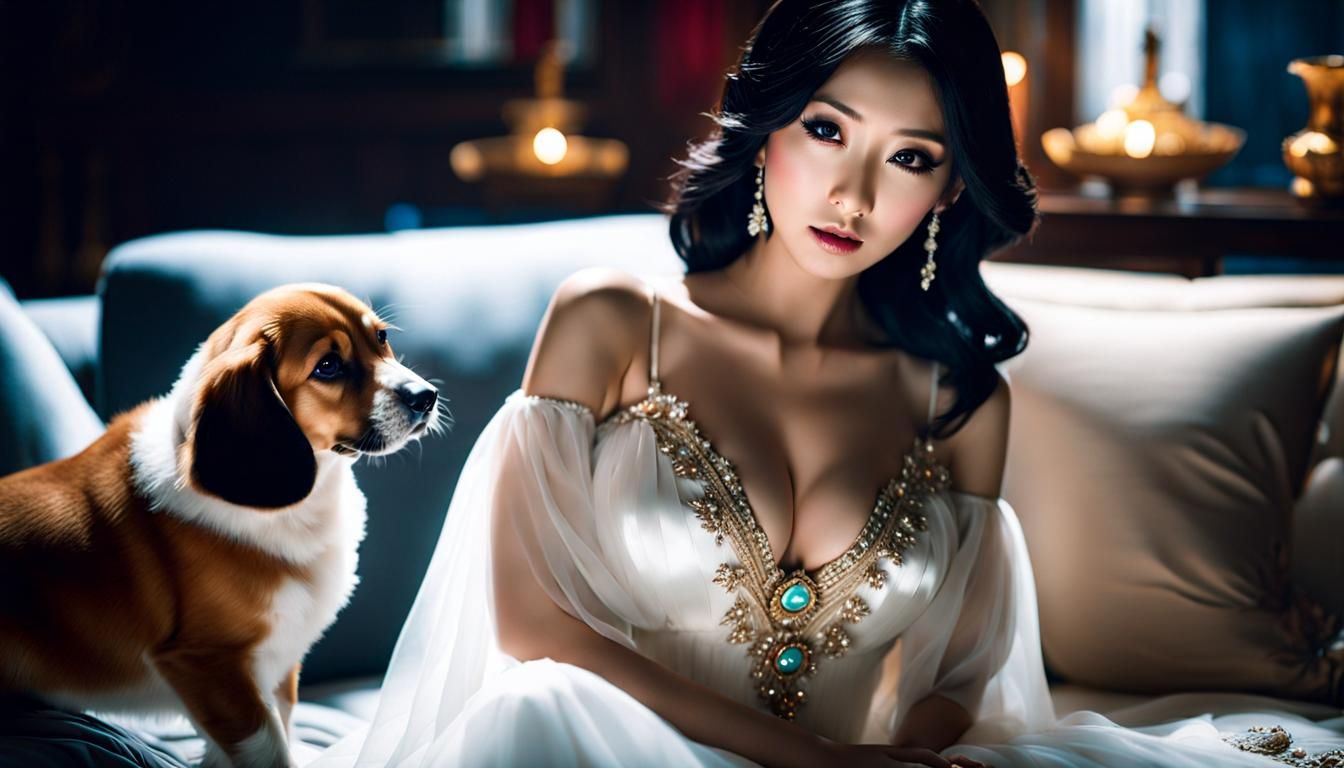 Japanese Woman with Puppy in Luxurious Room
