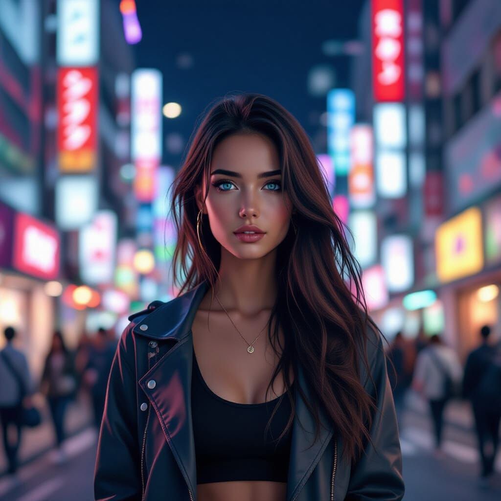 Woman with Blue Eyes in Neon Tokyo: Photorealistic Style