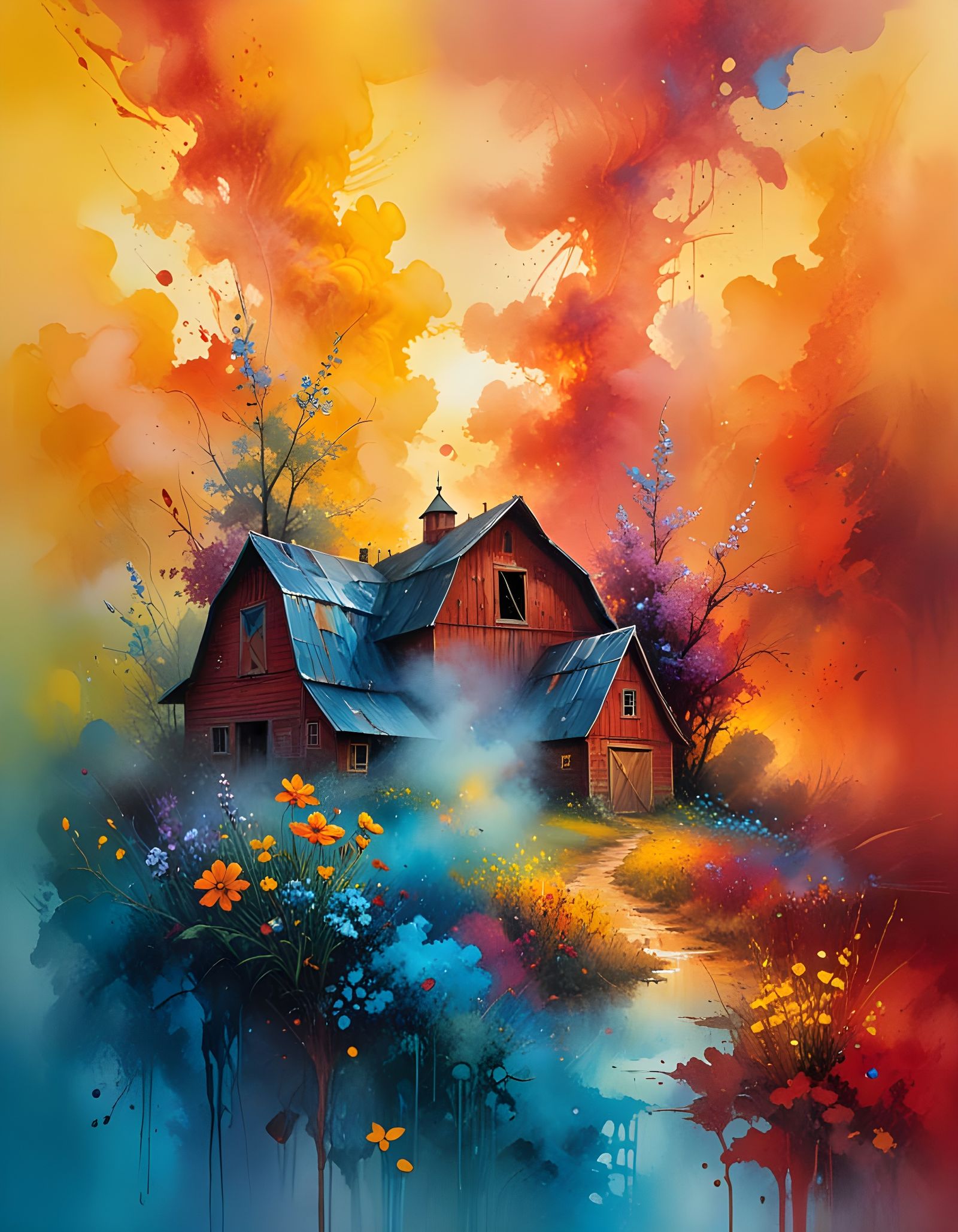 Whimsical Red Barn in Enchanted Nighttime Scene